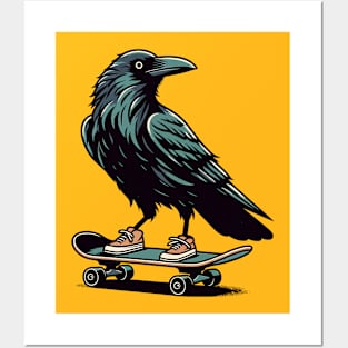 Crow standing on a skateboard Posters and Art